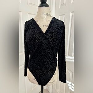 Express Black Velvet Leopard Print Wrap Blouse
